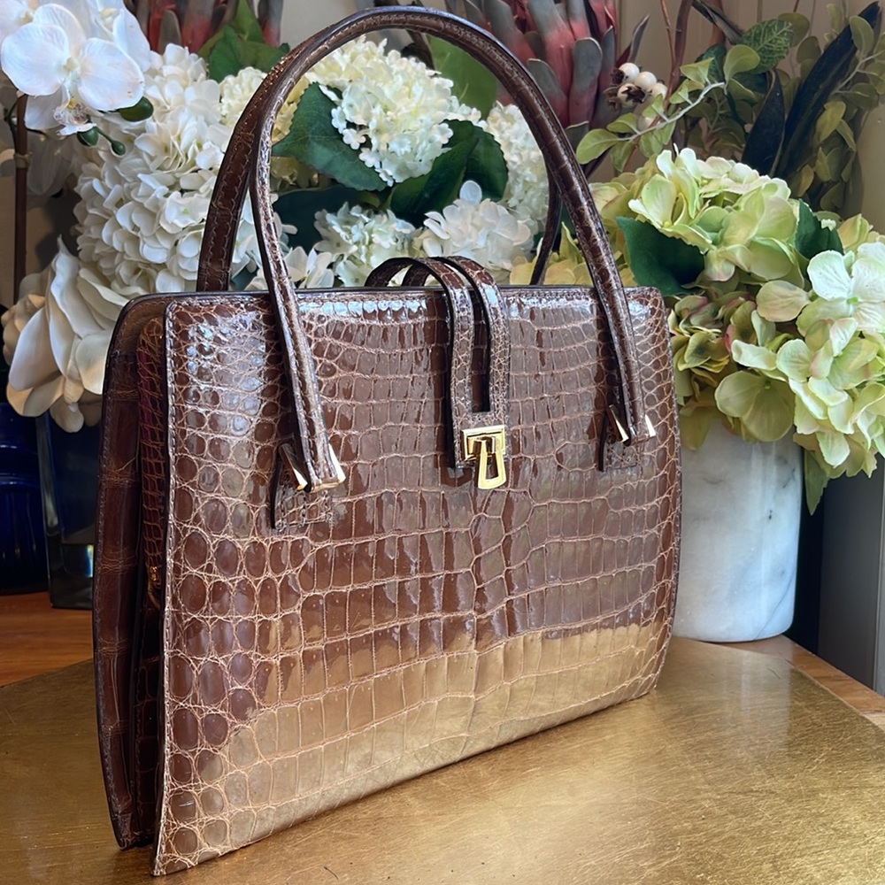 Morabito Vendome Paris Structured Shoulder Bag in Brown Porosus Lisse Crocodile